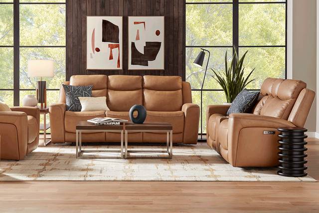 Davidson Caramel Leather 2 Pc Dual Power Reclining Living Room - Thumbnail - Image 1