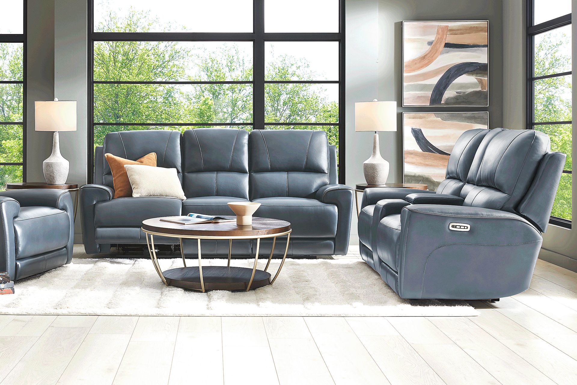 Fremont Blue Leather 2 Pc Dual Power Reclining Living Room - Image 1