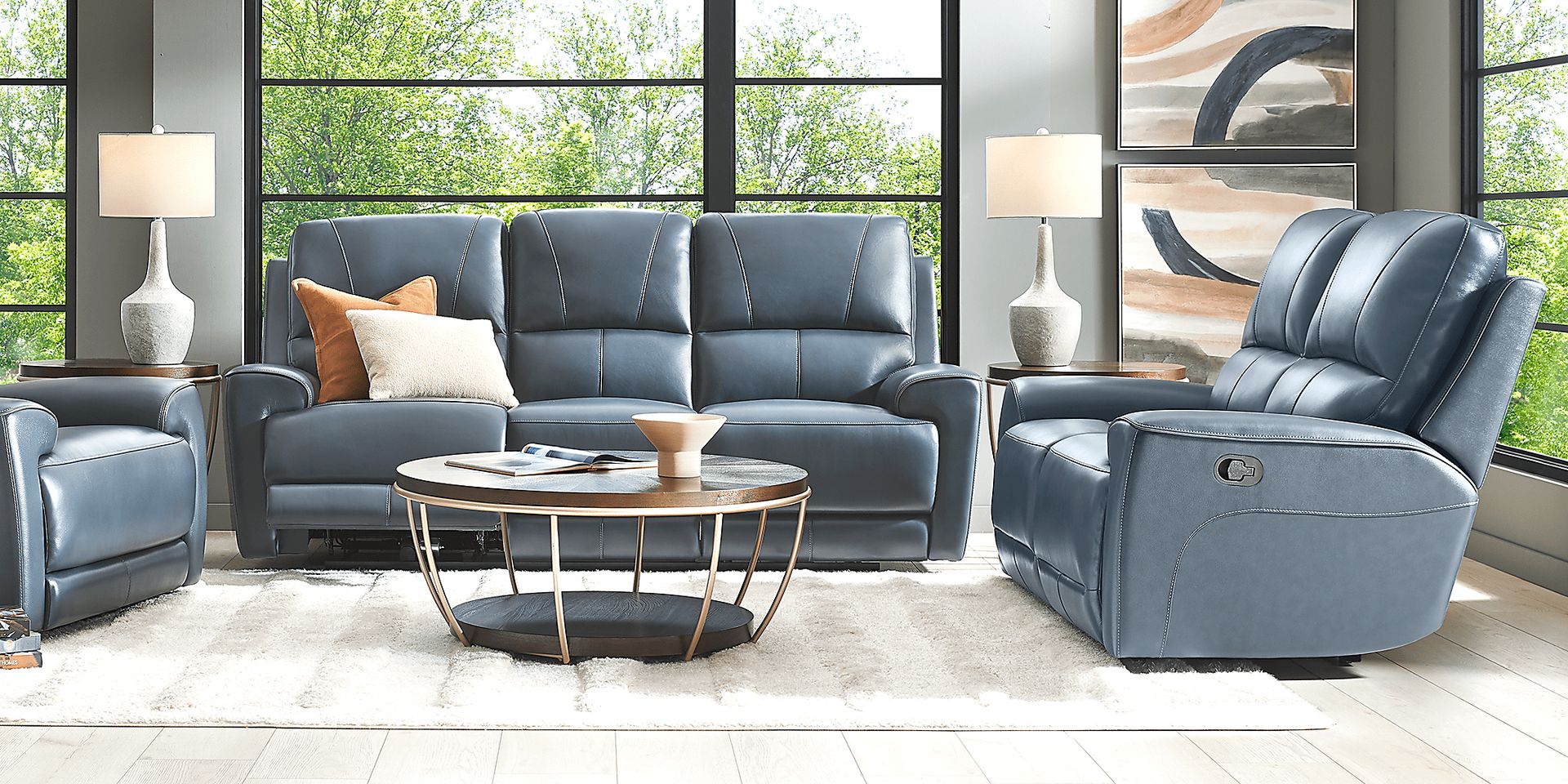 Fremont Blue Leather Dual Power Reclining Sofa - Image 2