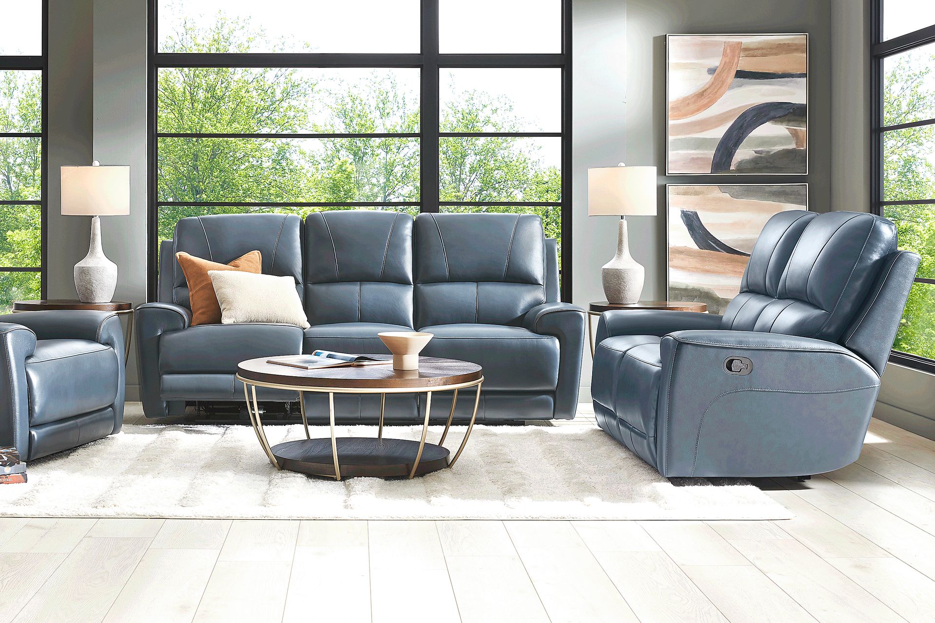 Fremont Blue Leather 3 Pc Living Room with Dual Power Reclining Sofa - Image 1
