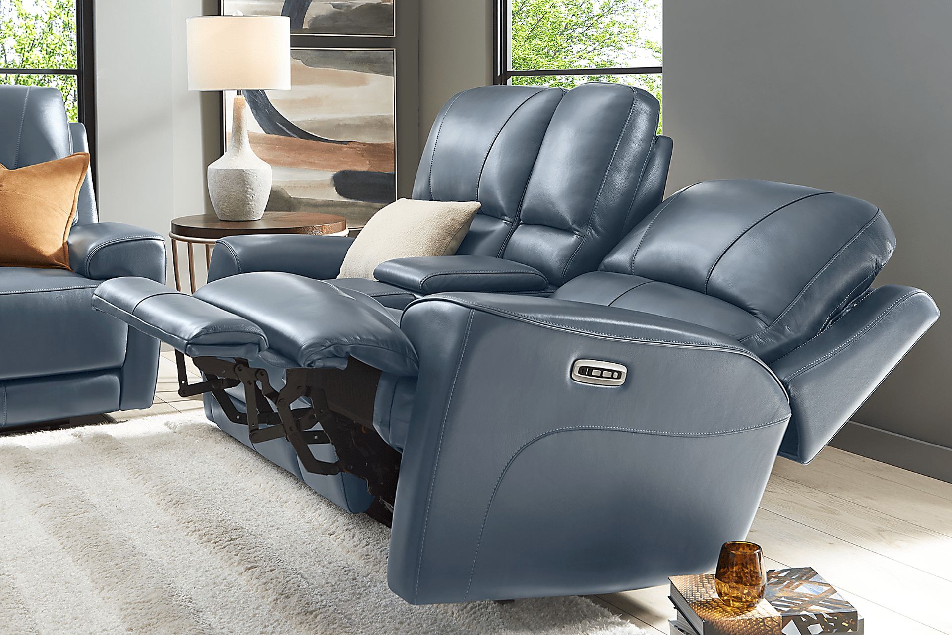 Fremont Blue Leather Dual Power Reclining Console Loveseat - Image 3