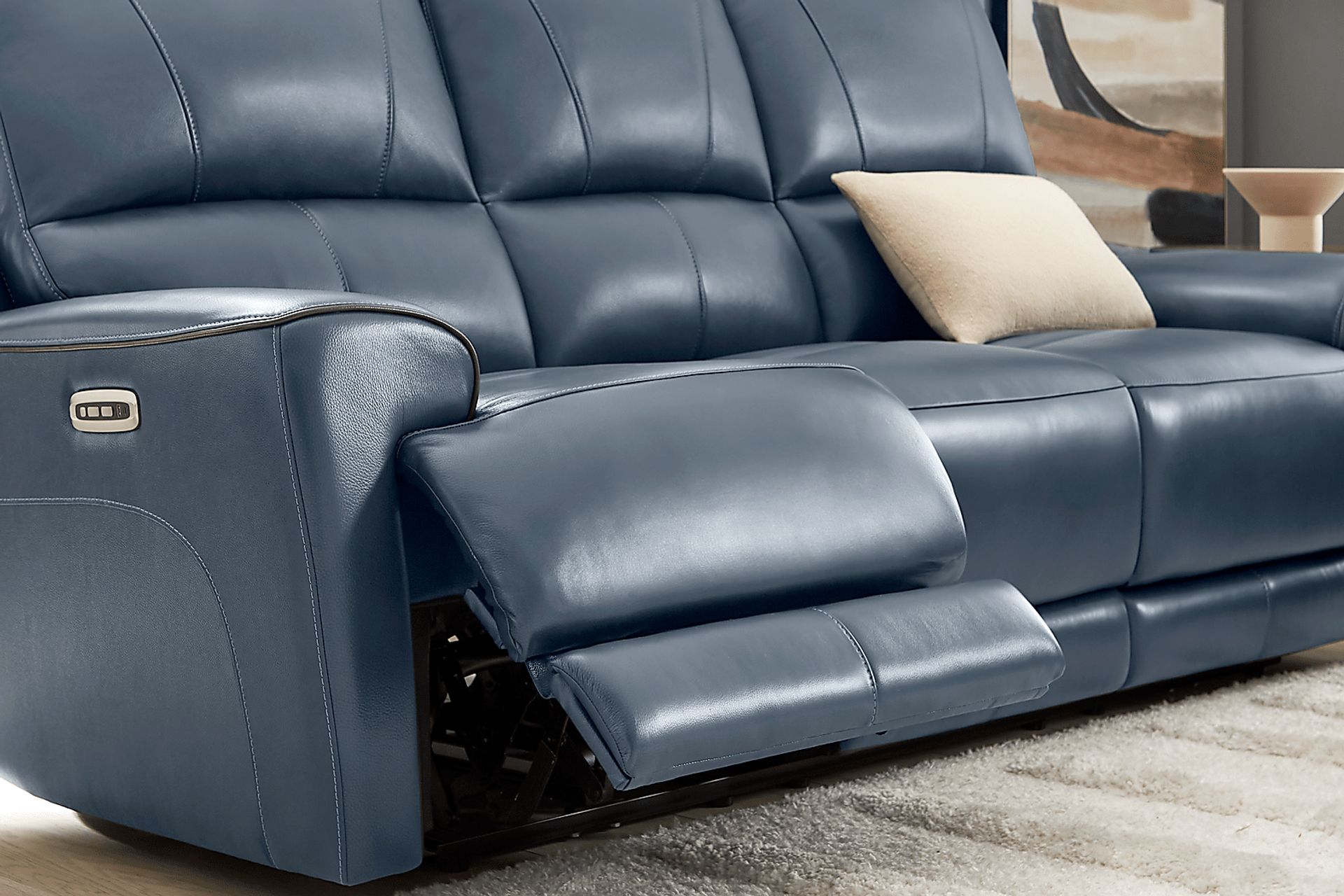 Fremont Blue Leather Dual Power Reclining Sofa - Image 4