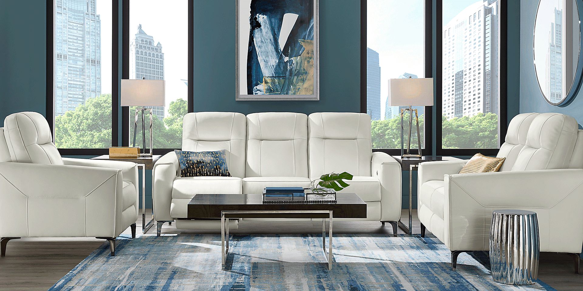 Parkside Heights White Leather 7 Pc Living Room w/Dual Power Reclining Sofa - Image 2