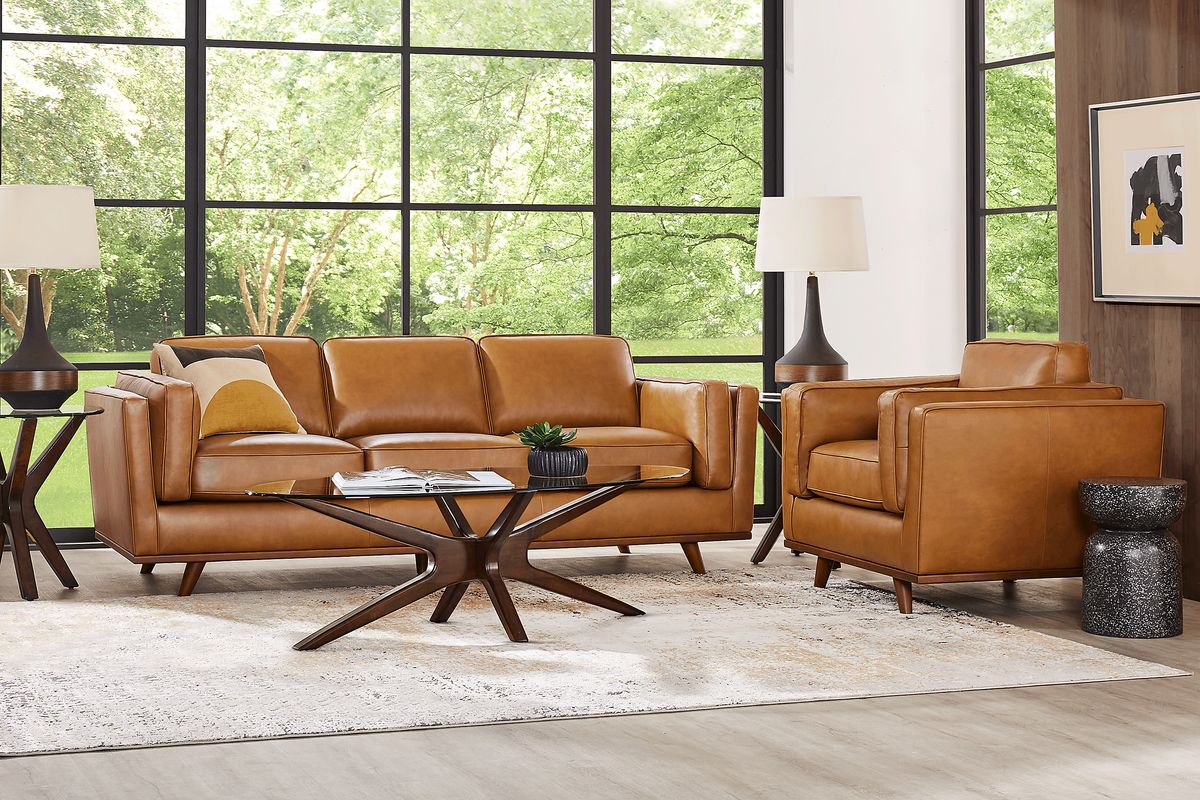 Duluth 5 Pc Caramel Brown Leather Living Room Set With Sofa, Chair, 3