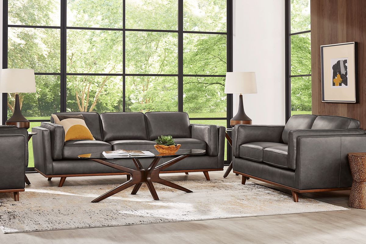 Duluth 3 Pc Gray Leather Living Room Set With Sofa, Loveseat, Chair