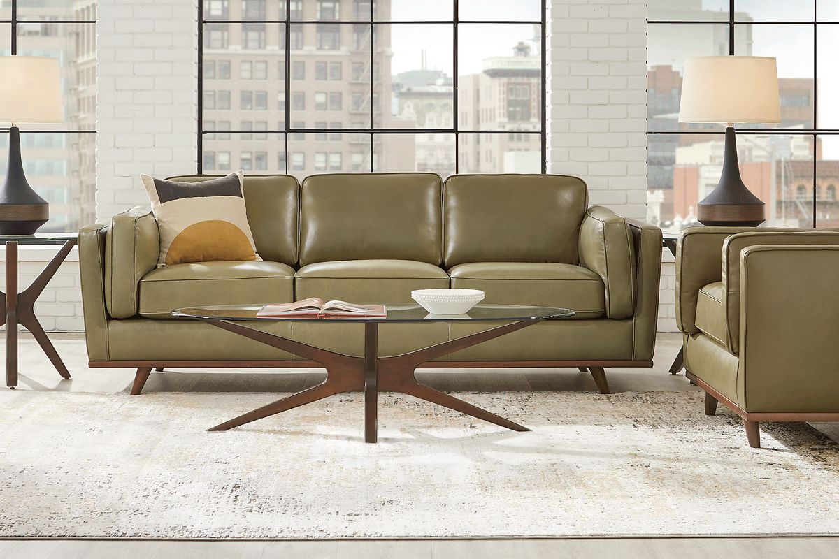 Duluth 5 Pc Olive Green Leather Living Room Set With Sofa, Chair, 3 Pc