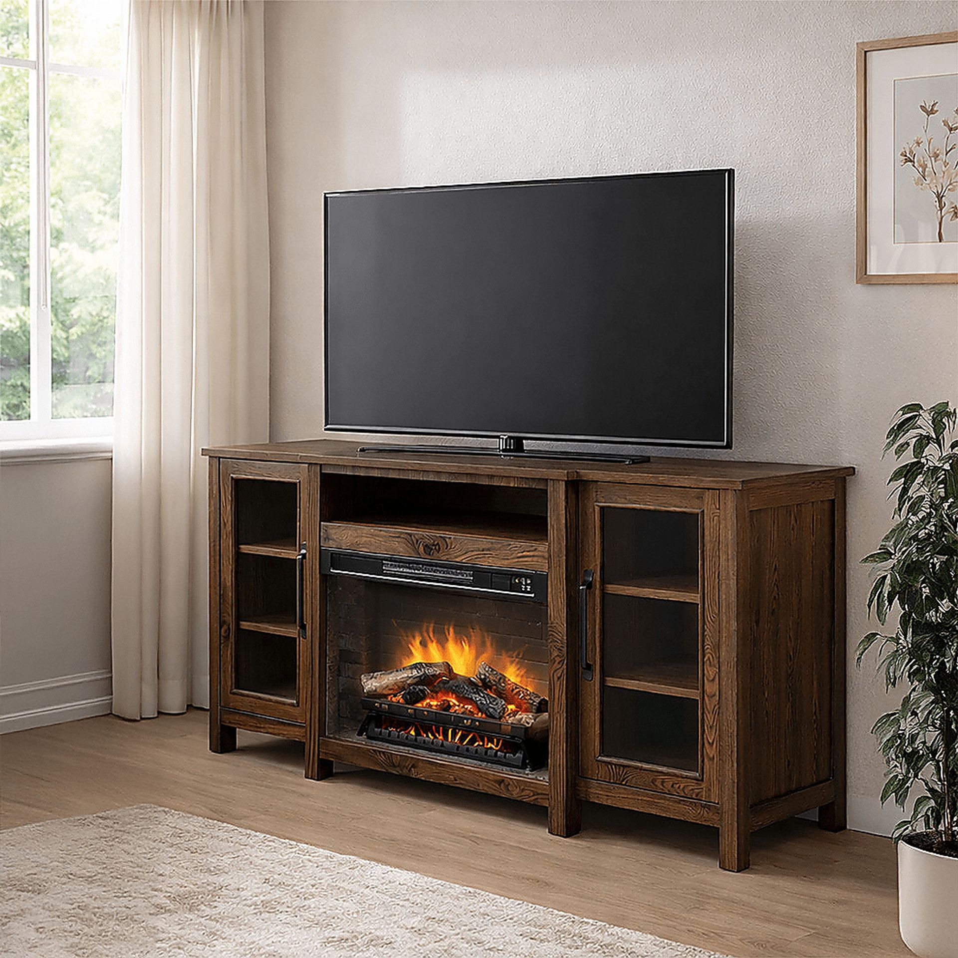Durnan Brown 60 in. Console with Electric Fireplace - Image 3