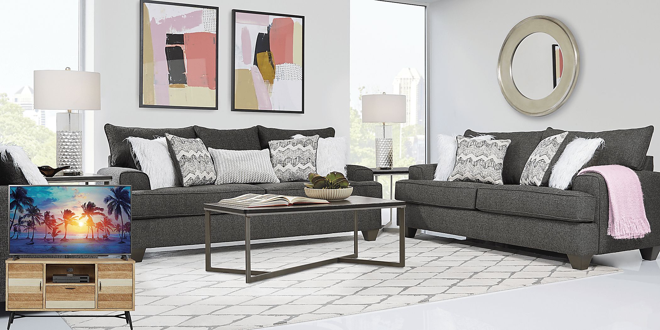 East Bank 8 Pc Black Textured Living Room Set With Sofa Loveseat Cocktail Table End Table Console 65 In. Led Smart Tv Lamp