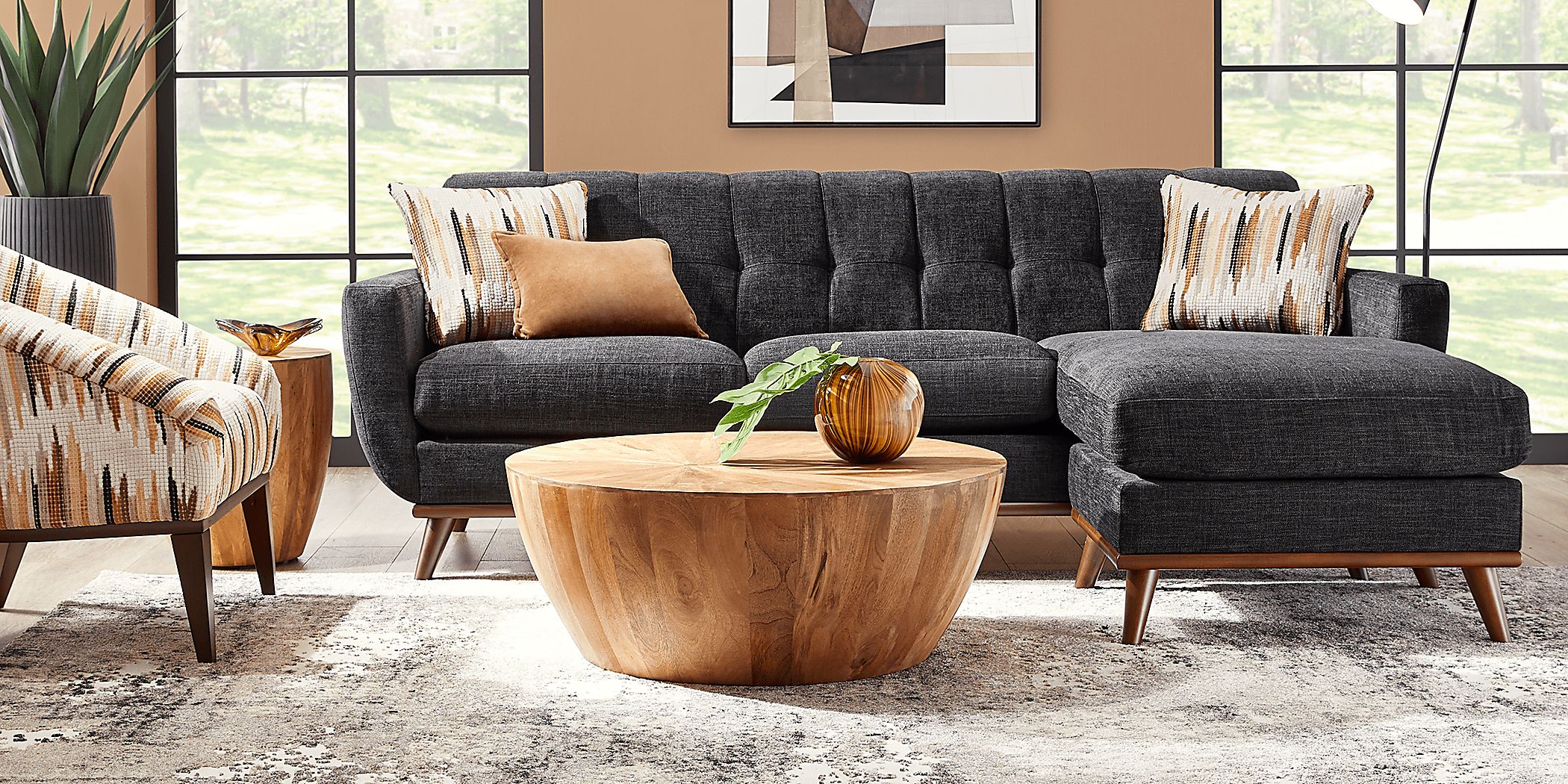 East Side Black Chenille Fabric Option Sofa Chaise