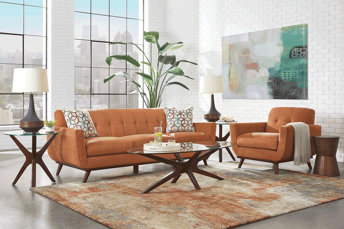 East Side 5 Pc Russet Orange Chenille Fabric Living Room Set With Sofa ...