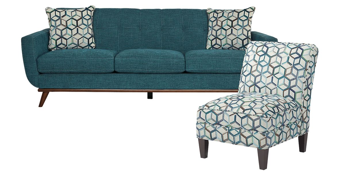 East Side Teal Blue,Green Chenille Fabric Chaise Sofa - Rooms To Go