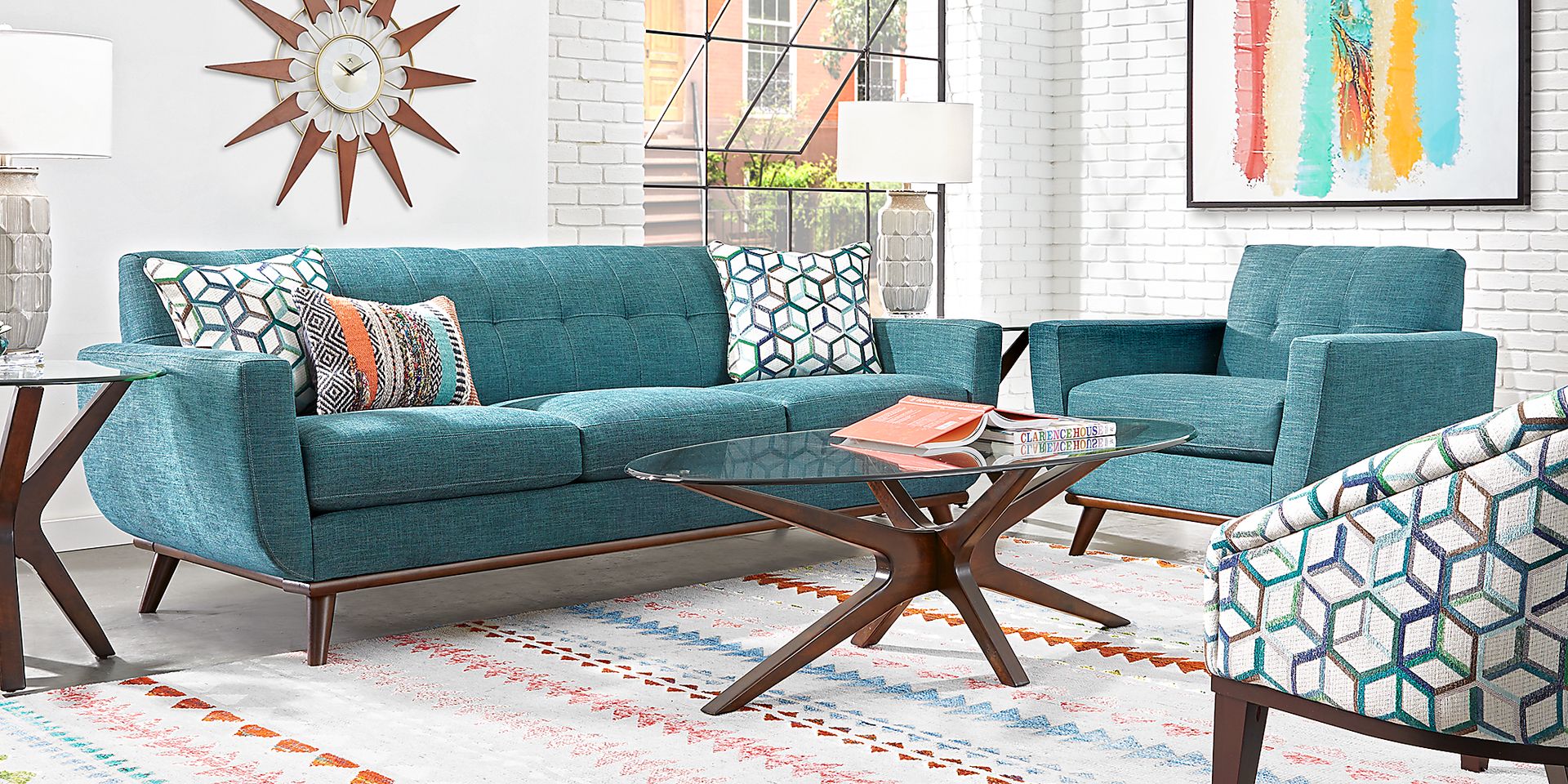 East Side 5 Pc Teal Blue Green Chenille Fabric Living Room Set With Sofa Chair Cocktail Table End Table Lamp Rooms to Go
