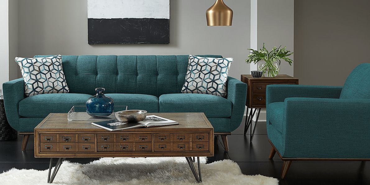 East Side Teal Blue,Green Chenille Fabric Chaise Sofa - Rooms To Go