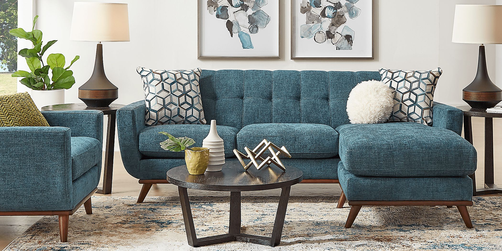 East Side Teal Blue,Green Chenille Fabric Chaise Sofa - Rooms To Go