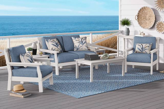 Eastlake White 4 Pc Outdoor Loveseat Seating Set with Agean Cushions - Thumbnail - Image 1