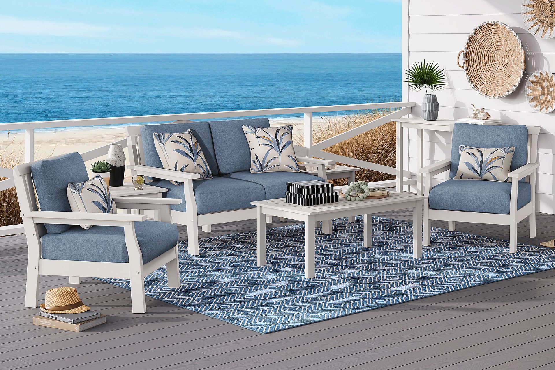 Eastlake White 4 Pc Outdoor Loveseat Seating Set with Agean Cushions - Image 1