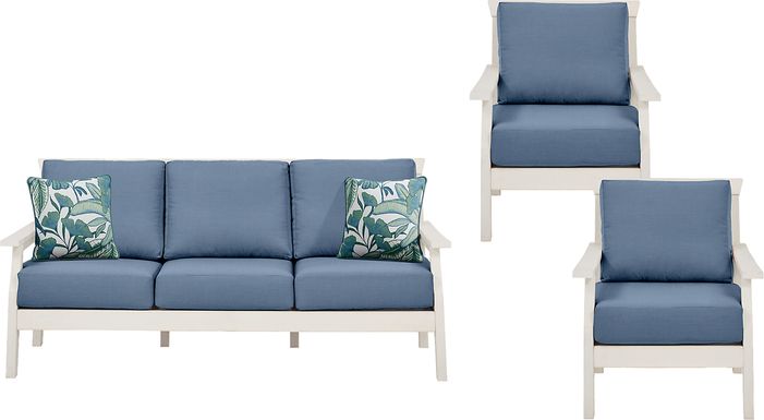 Eastlake White 3 Pc Outdoor Seating Set with Blueberry Cushions