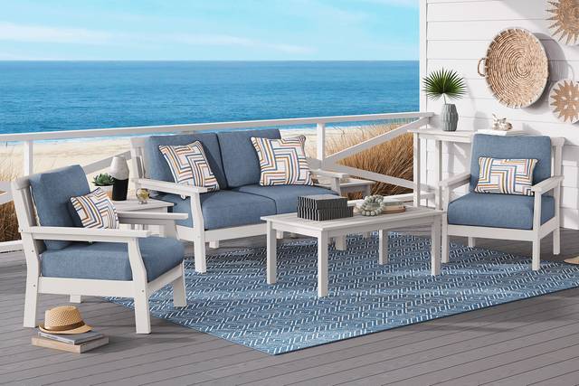 Eastlake White 4 Pc Outdoor Loveseat Seating Set with Agean Cushions - Thumbnail - Image 1