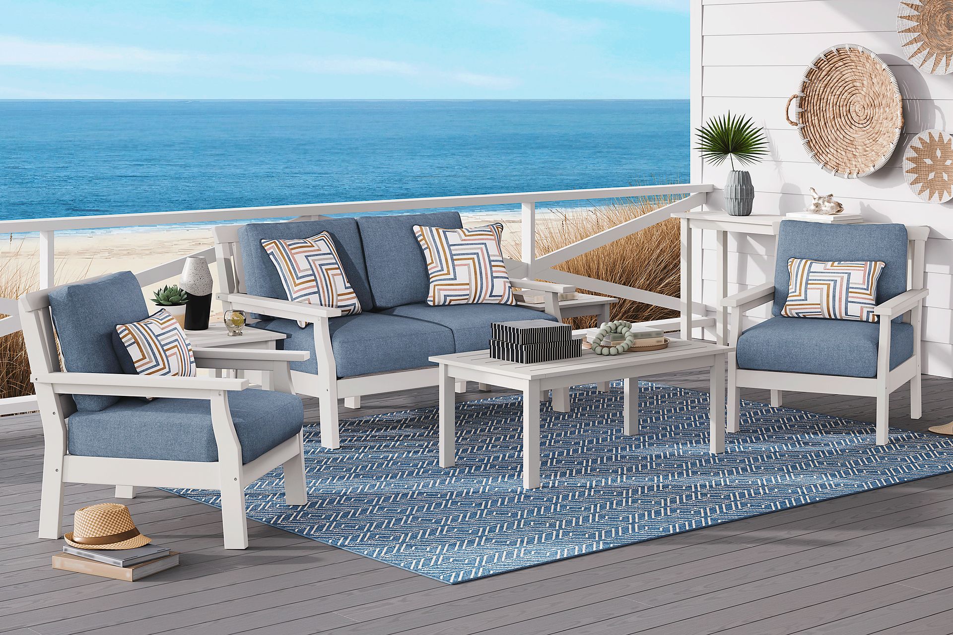 Eastlake White 4 Pc Outdoor Loveseat Seating Set with Agean Cushions - Image 1