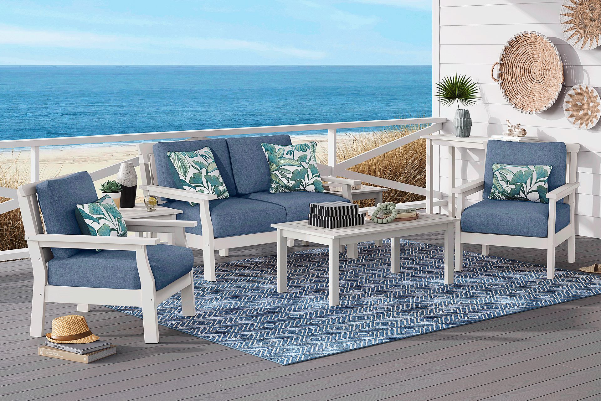Eastlake White 4 Pc Outdoor Loveseat Seating Set with Blueberry Cushions - Image 1