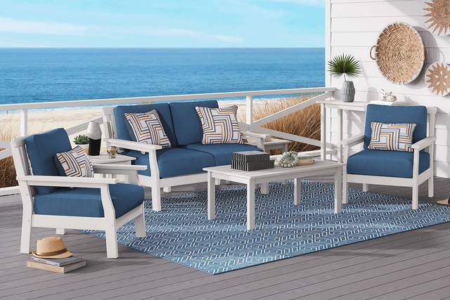 Eastlake White 4 Pc Outdoor Loveseat Seating Set with Ocean Cushions - Thumbnail - Image 1