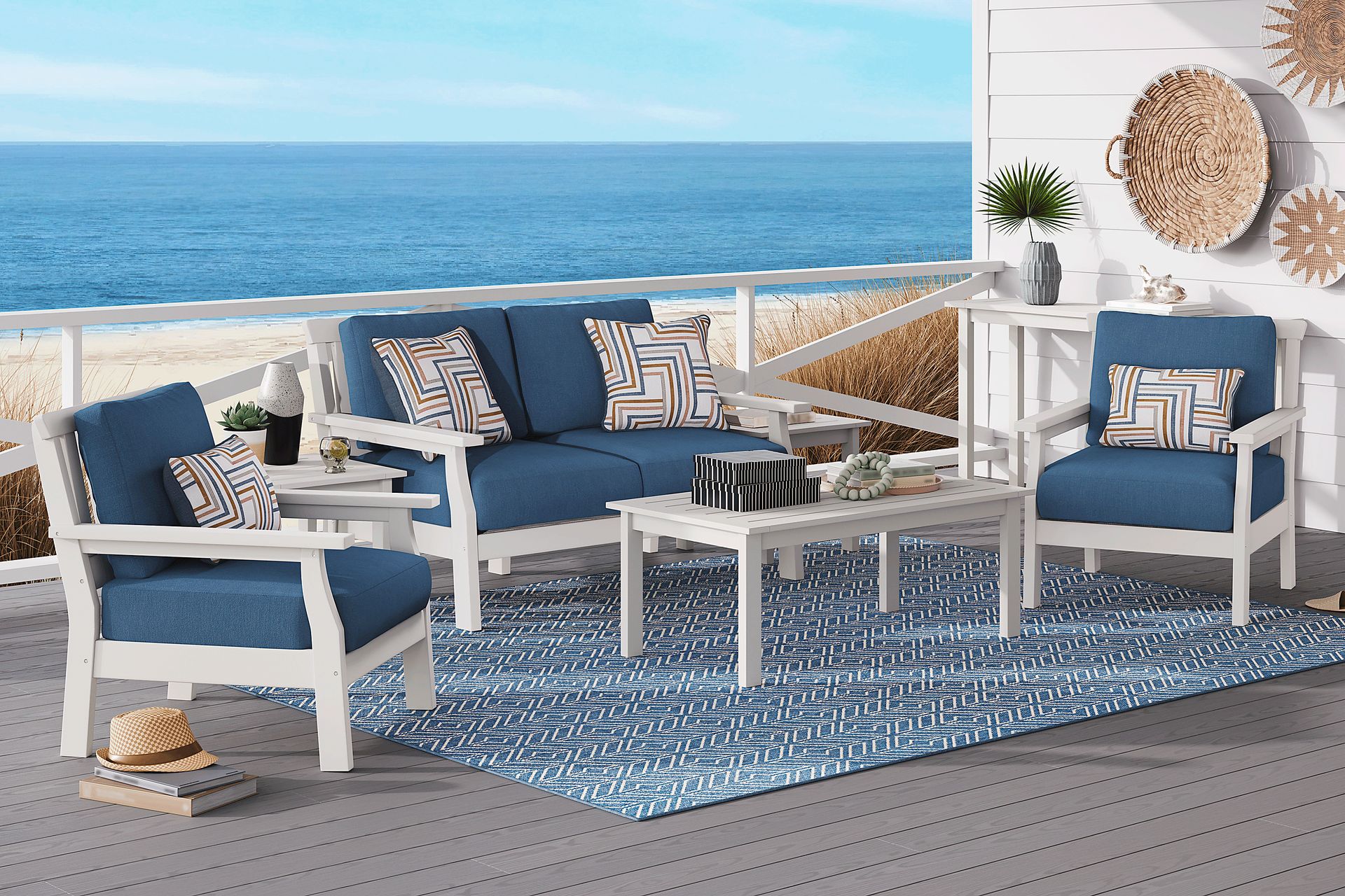 Eastlake White 4 Pc Outdoor Loveseat Seating Set with Ocean Cushions - Image 1