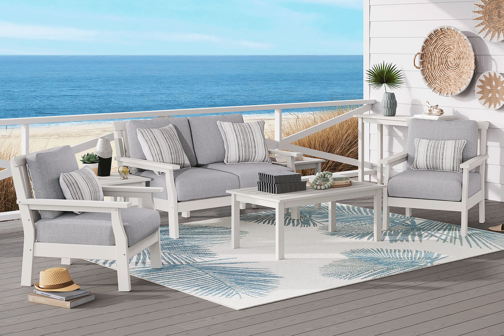 Eastlake White 4 Pc Outdoor Loveseat Seating Set with Pewter Cushions - Image 1