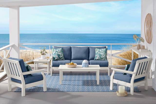 Eastlake White 4 Pc Outdoor Seating Set with Blueberry Cushions - Thumbnail - Image 1
