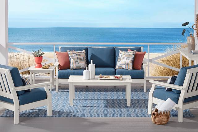Eastlake White Outdoor Sofa with Ocean Cushions - Thumbnail - Image 2