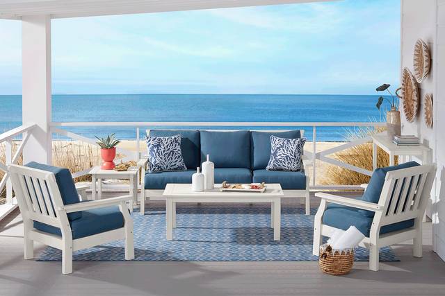 Eastlake White 4 Pc Outdoor Seating Set with Ocean Cushions - Thumbnail - Image 1