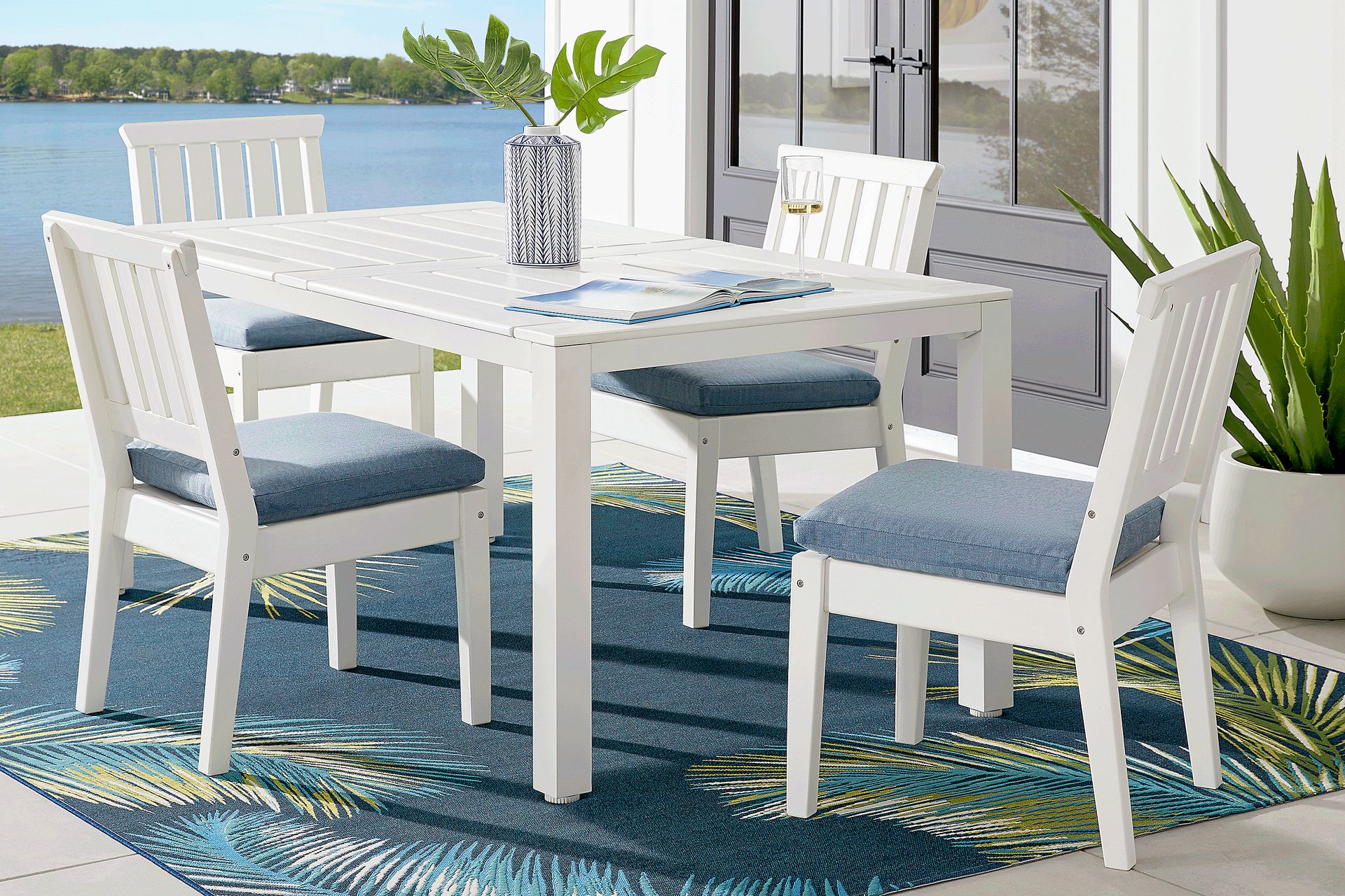 Eastlake White 5 Pc 71 in. Rectangle Outdoor Dining Set with Agean Cushions - Image 1