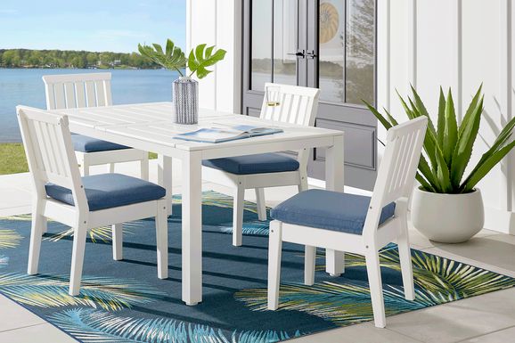 Eastlake White 5 Pc 71 in. Rectangle Outdoor Dining Set with Blueberry Cushions