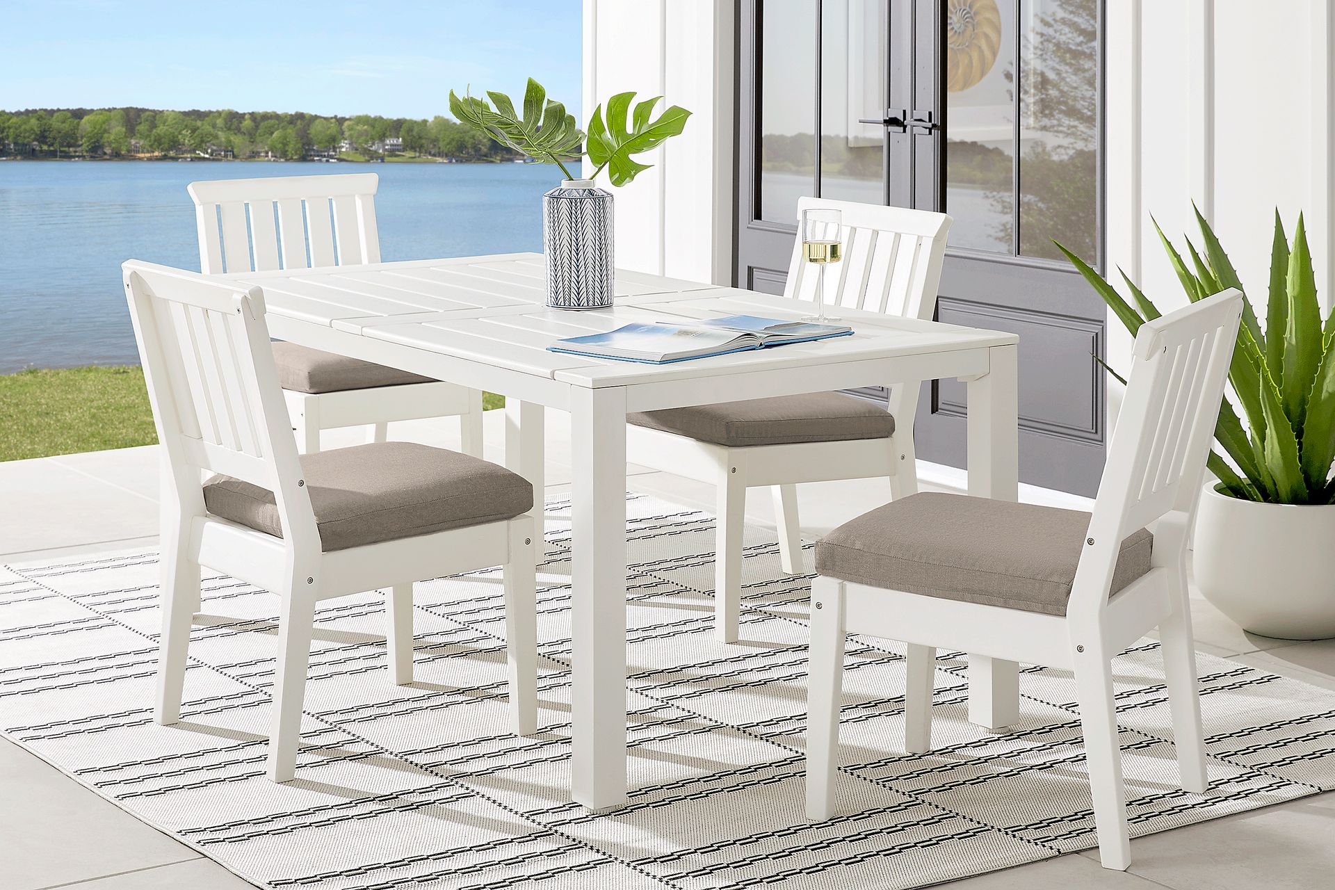 Eastlake White 5 Pc 71 in. Rectangle Outdoor Dining Set with Mushroom Cushions - Image 1