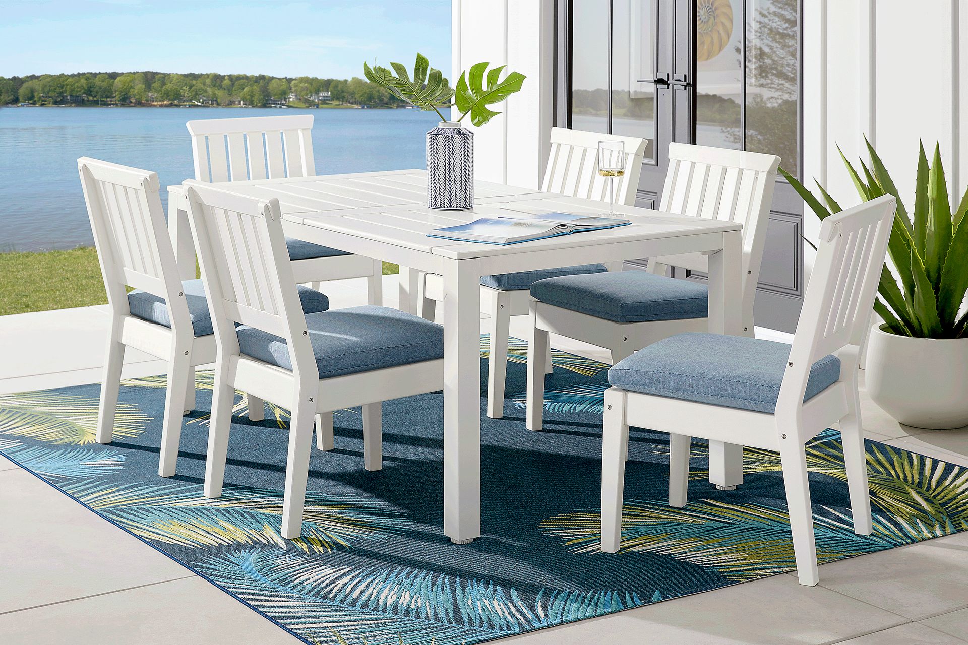 Eastlake White 7 Pc 71 in. Rectangle Outdoor Dining Set with Agean Cushions - Image 1