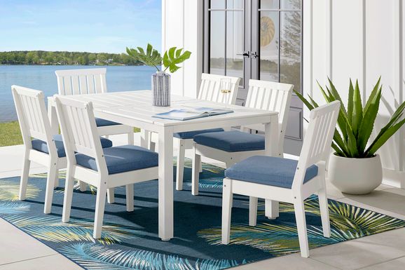 Eastlake White 7 Pc 71 in. Rectangle Outdoor Dining Set with Blueberry Cushions
