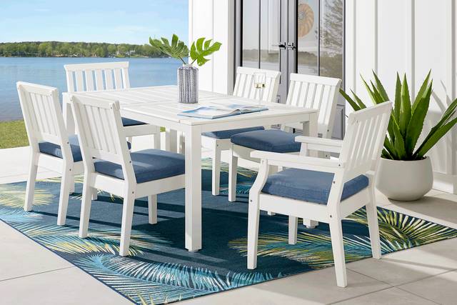 Eastlake White 7 Pc 71 in. Rectangle Outdoor Dining Set with Blueberry Cushions - Thumbnail - Image 1