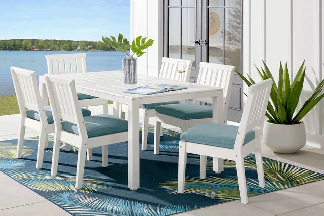 Eastlake White 7 Pc 71 in. Rectangle Outdoor Dining Set with Breeze Cushions - Thumbnail - Image 1