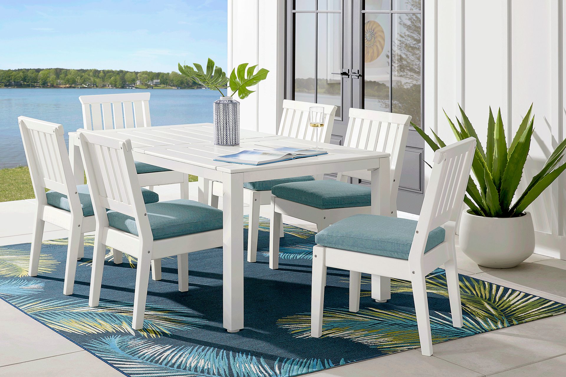 Eastlake White 7 Pc 71 in. Rectangle Outdoor Dining Set with Breeze Cushions - Image 1
