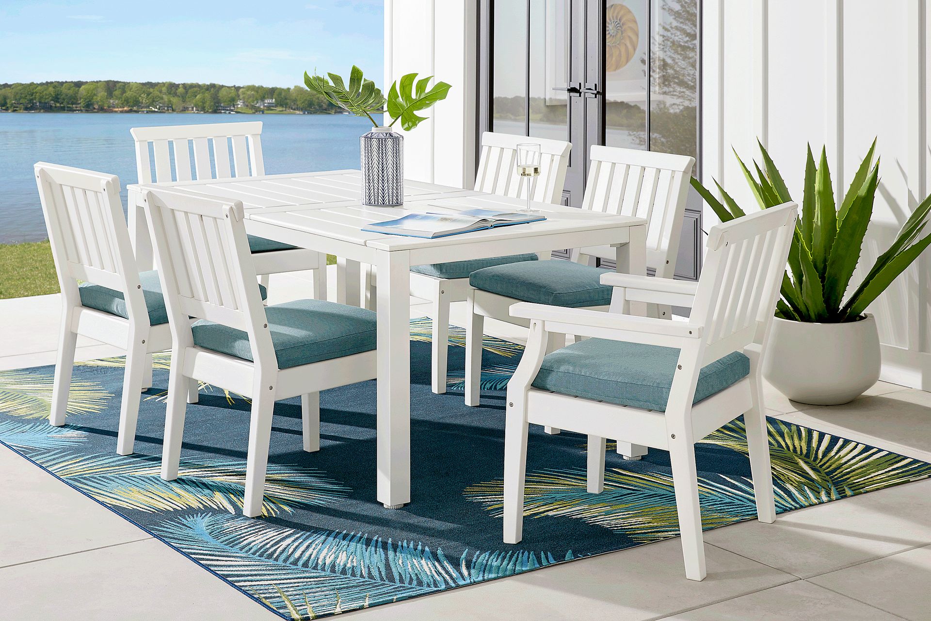 Eastlake White 7 Pc 71 in. Rectangle Outdoor Dining Set with Breeze Cushions - Image 1