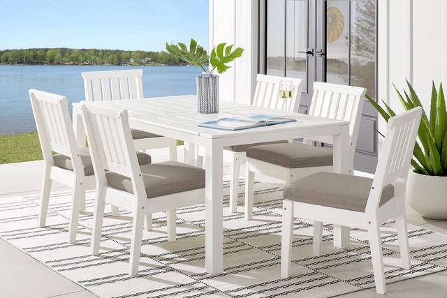 Eastlake White 7 Pc 71 in. Rectangle Outdoor Dining Set with Mushroom Cushions - Thumbnail - Image 1