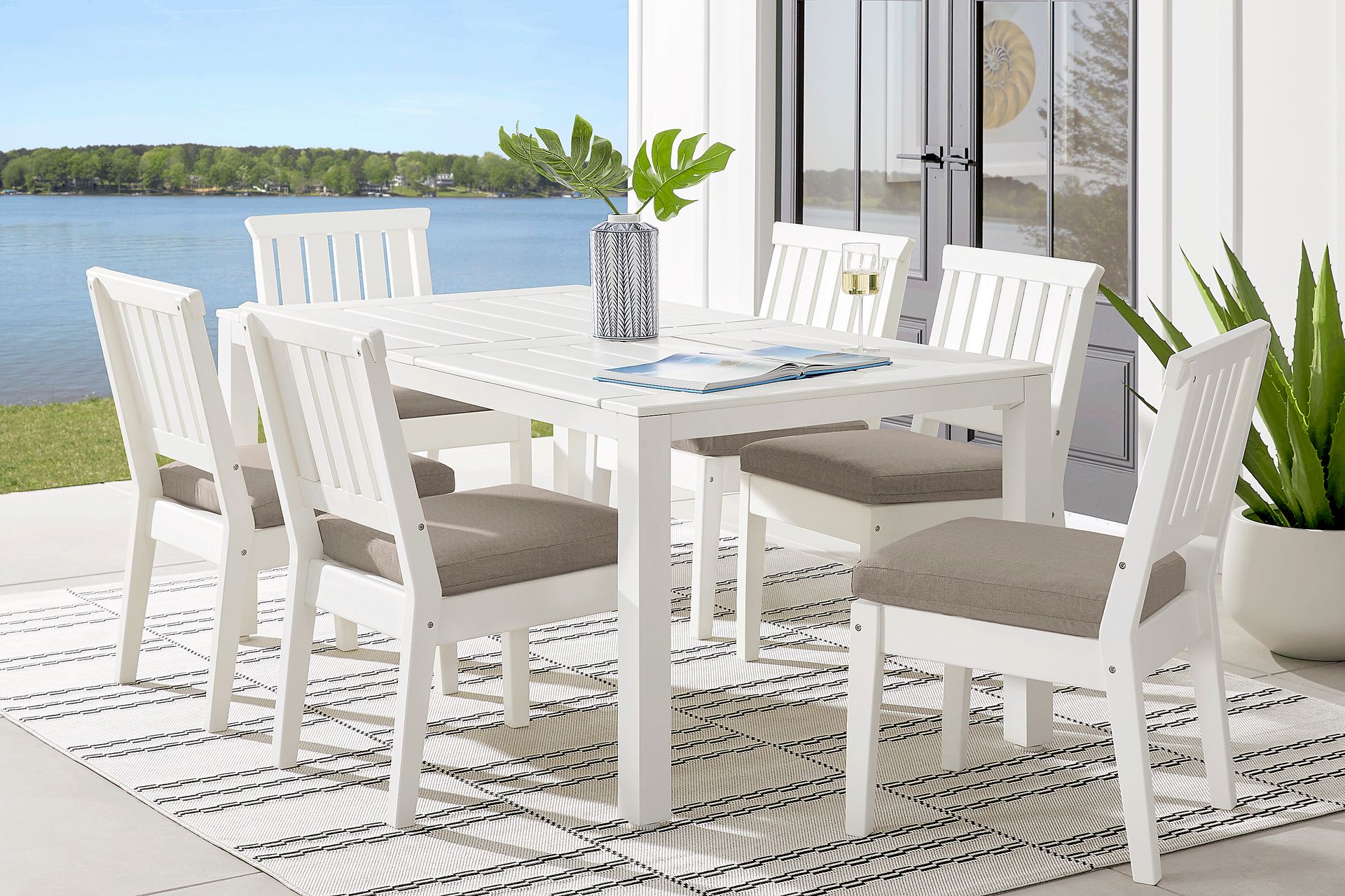 Eastlake White 7 Pc 71 in. Rectangle Outdoor Dining Set with Mushroom Cushions - Image 1