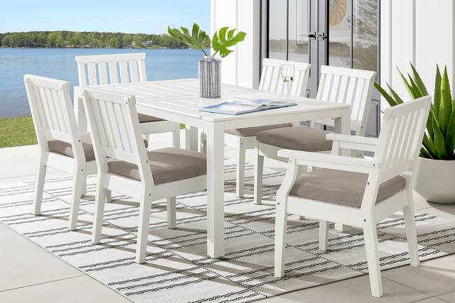 Eastlake White 7 Pc 71 in. Rectangle Outdoor Dining Set with Mushroom Cushions - Thumbnail - Image 1