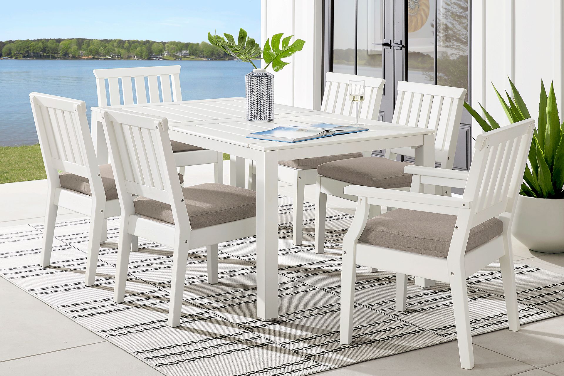Eastlake White 7 Pc 71 in. Rectangle Outdoor Dining Set with Mushroom Cushions - Image 1