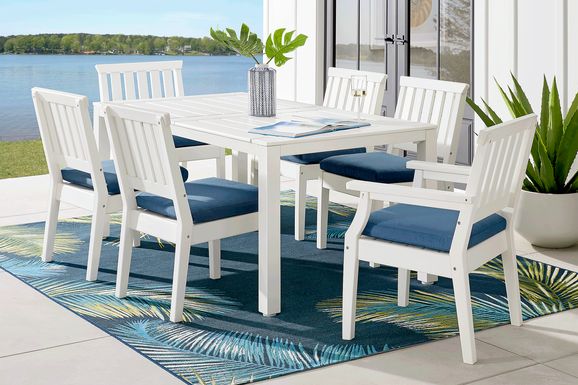 Eastlake White 7 Pc 71 in. Rectangle Outdoor Dining Set with Ocean Cushions