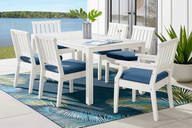Eastlake White 7 Pc 71 in. Rectangle Outdoor Dining Set with Ocean Cushions - Thumbnail - Image 1