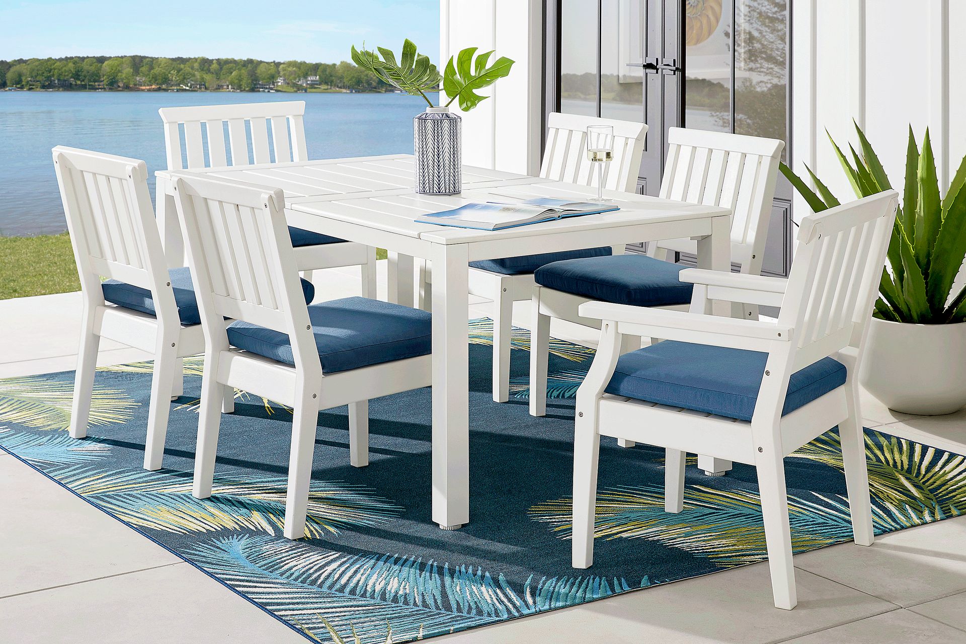 Eastlake White 7 Pc 71 in. Rectangle Outdoor Dining Set with Ocean Cushions - Image 1