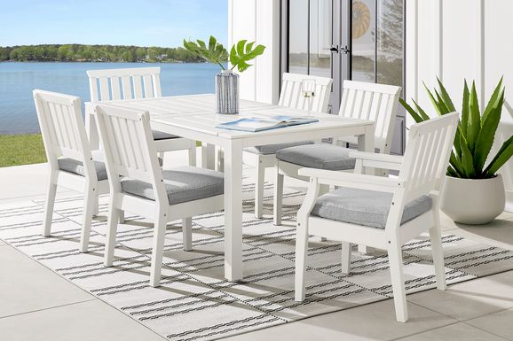 Eastlake White 7 Pc 71 in. Rectangle Outdoor Dining Set with Pewter Cushions