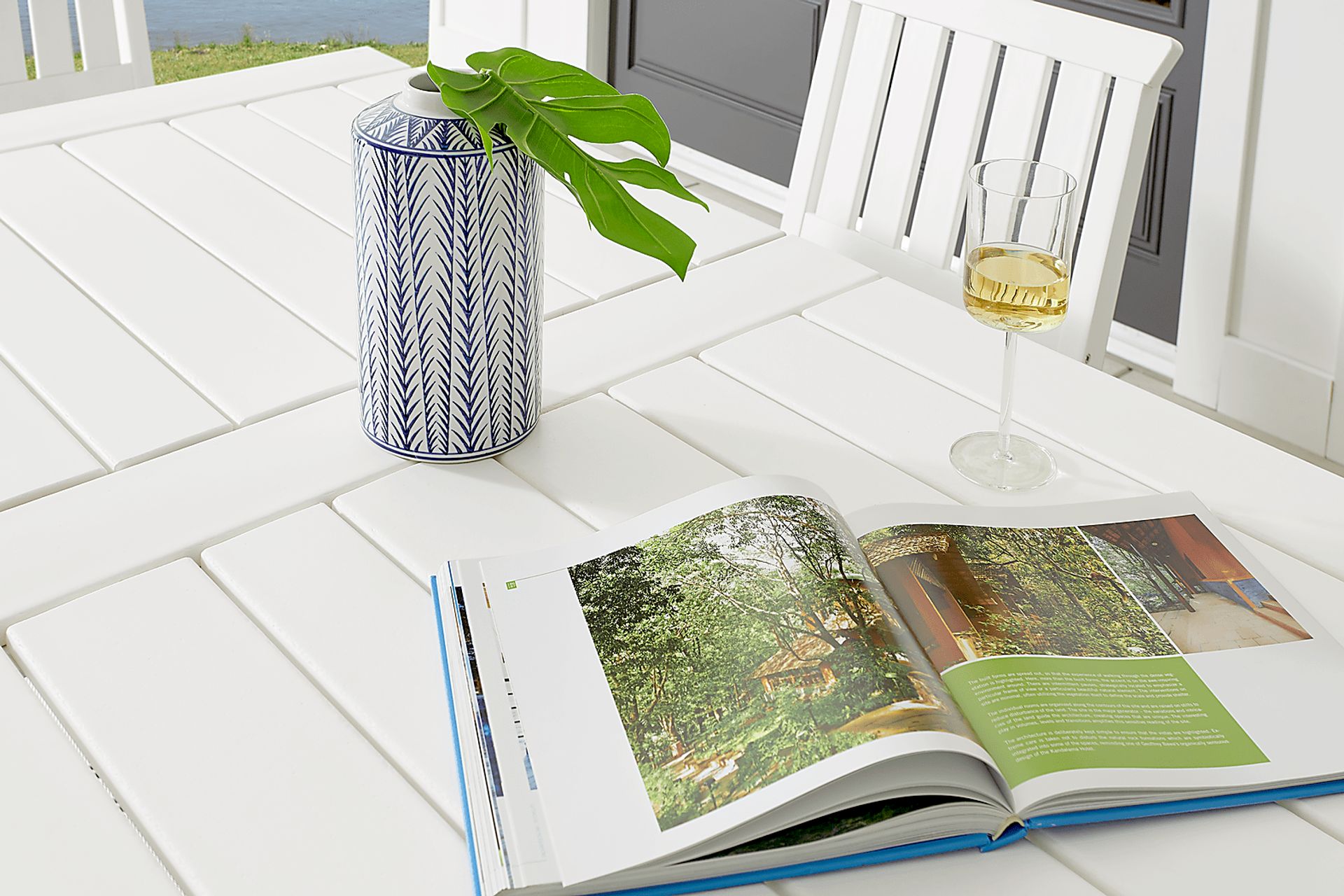 Eastlake White 5 Pc 71 in. Rectangle Outdoor Dining Set with Breeze Cushions - Image 3