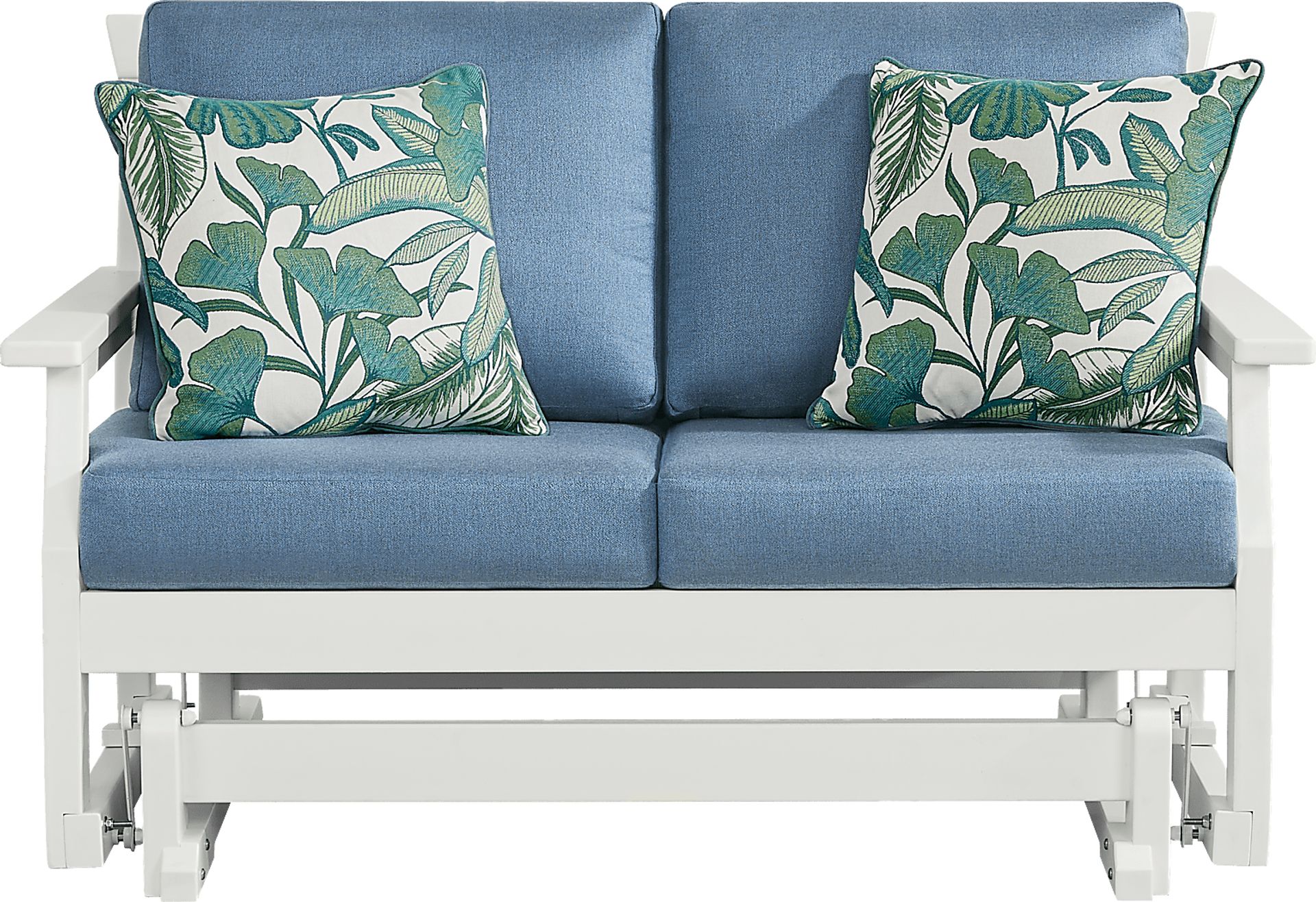 Eastlake White Outdoor Glider Loveseat with Blueberry Cushions - Image 1