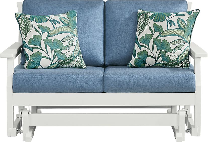 Eastlake White Outdoor Glider Loveseat with Blueberry Cushions
